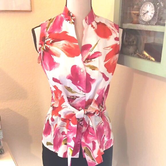 Jones New York Red Pink Floral Sleeveless Tie Front Blouse - Picture 1 of 9